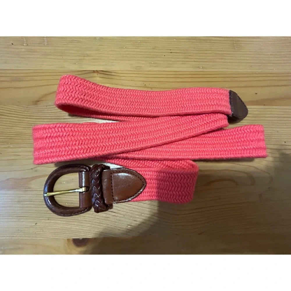 Talbots Coral Woven Braided Belt Brown Leather Trim Large Preppy Classic Bright